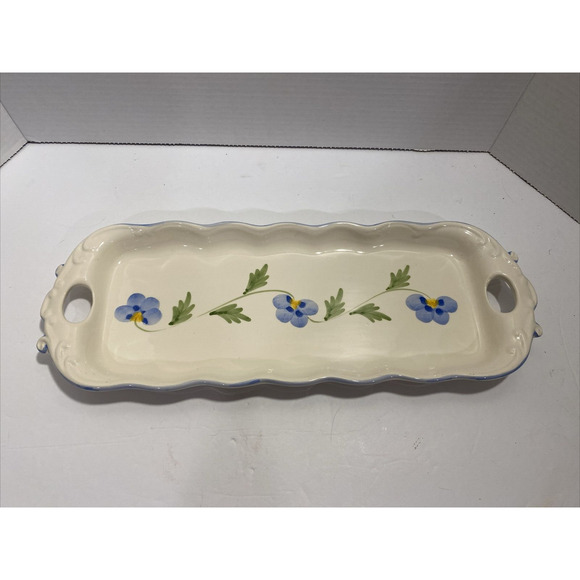 Vintage ELPA Alcobaca Hand-Painted Blue Flower Ceramic Tray 16" x 6", Serveware - Picture 1 of 8